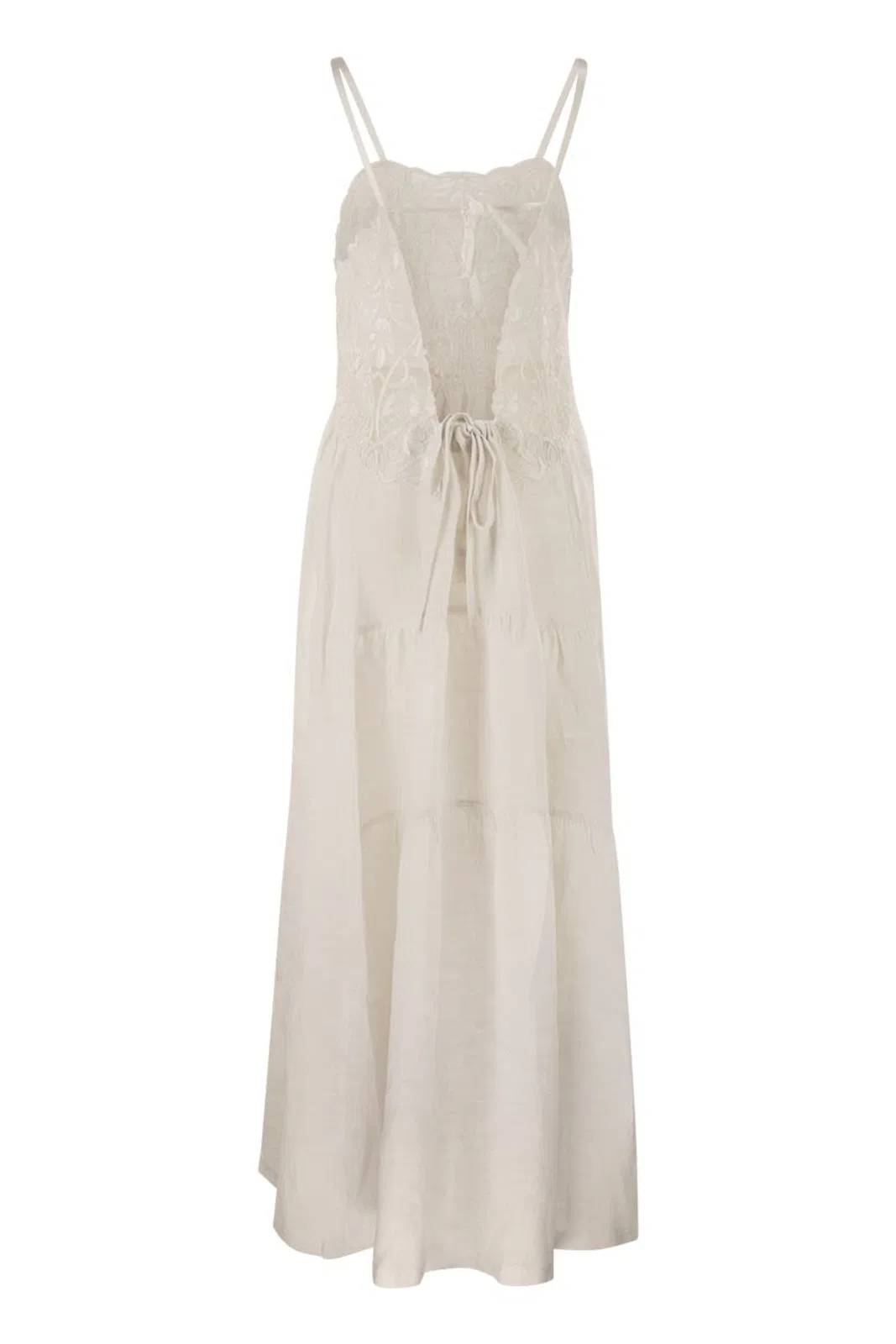 Maurizio Mykonos Long Linen Dress With Embroidered Bodice
