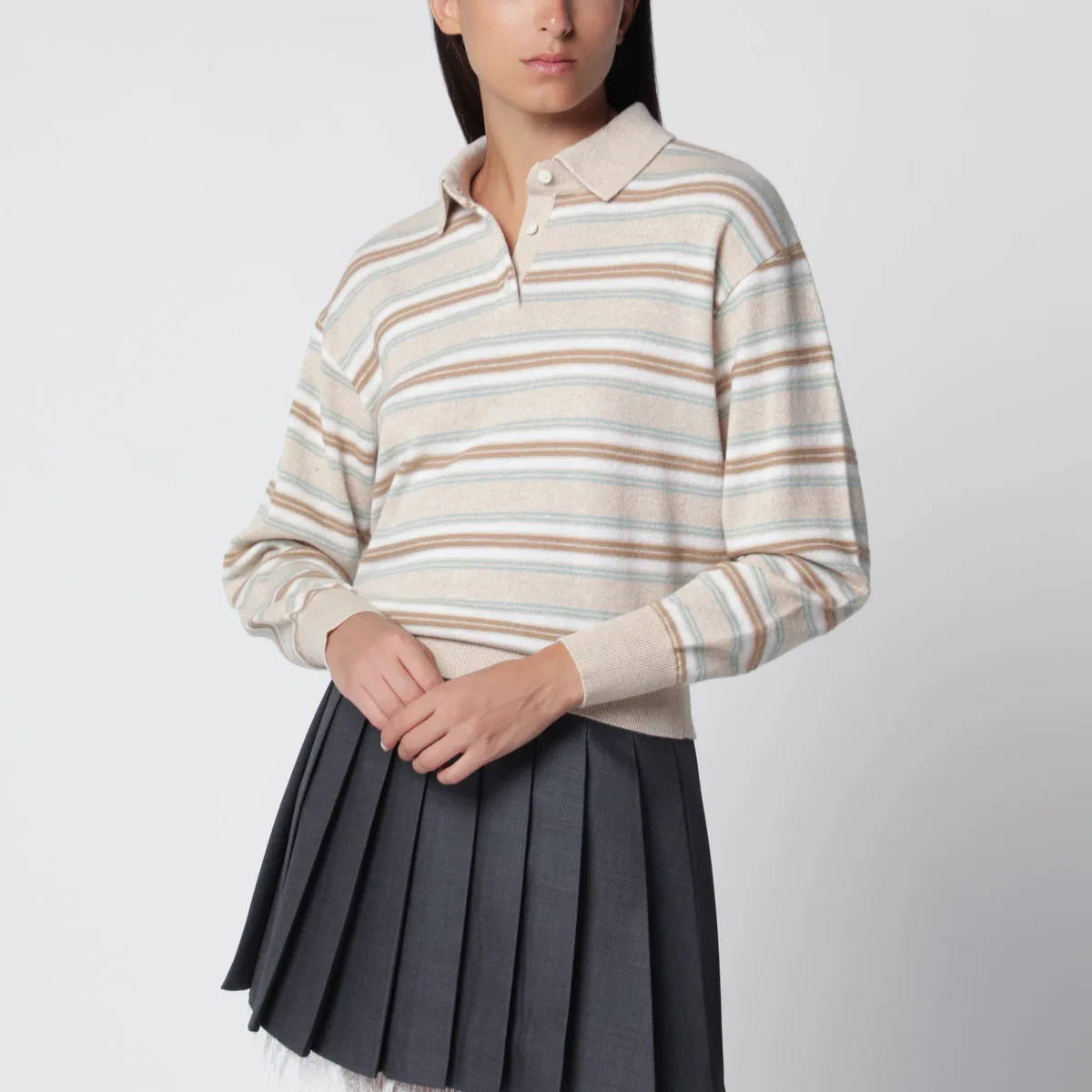 Guest In Residence Collegiate Stripe Polo Sweater Sandstone