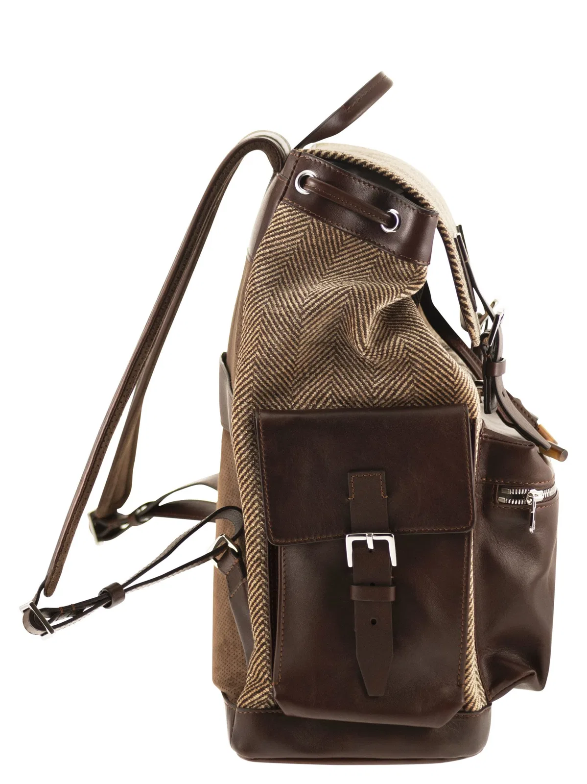 Brunello Cucinelli Herringbone-Texture Backpack With Leathe