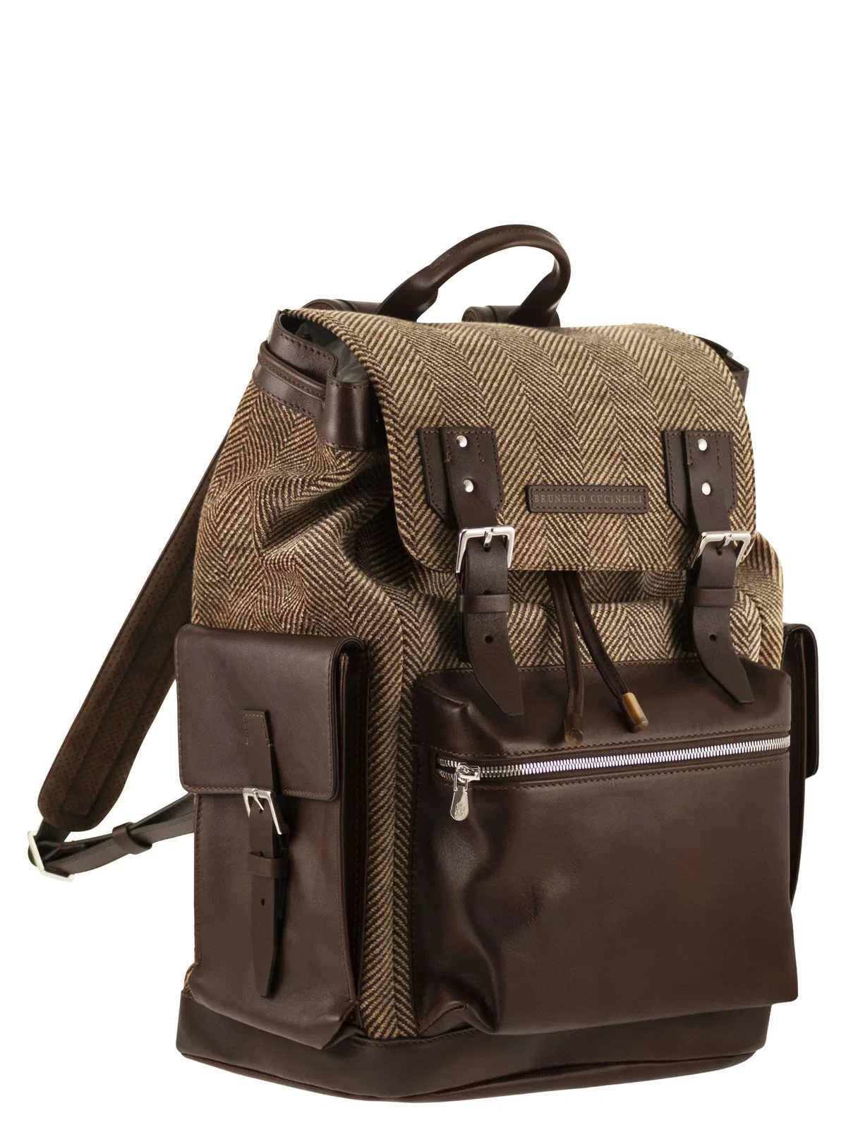 Brunello Cucinelli Herringbone-Texture Backpack With Leathe
