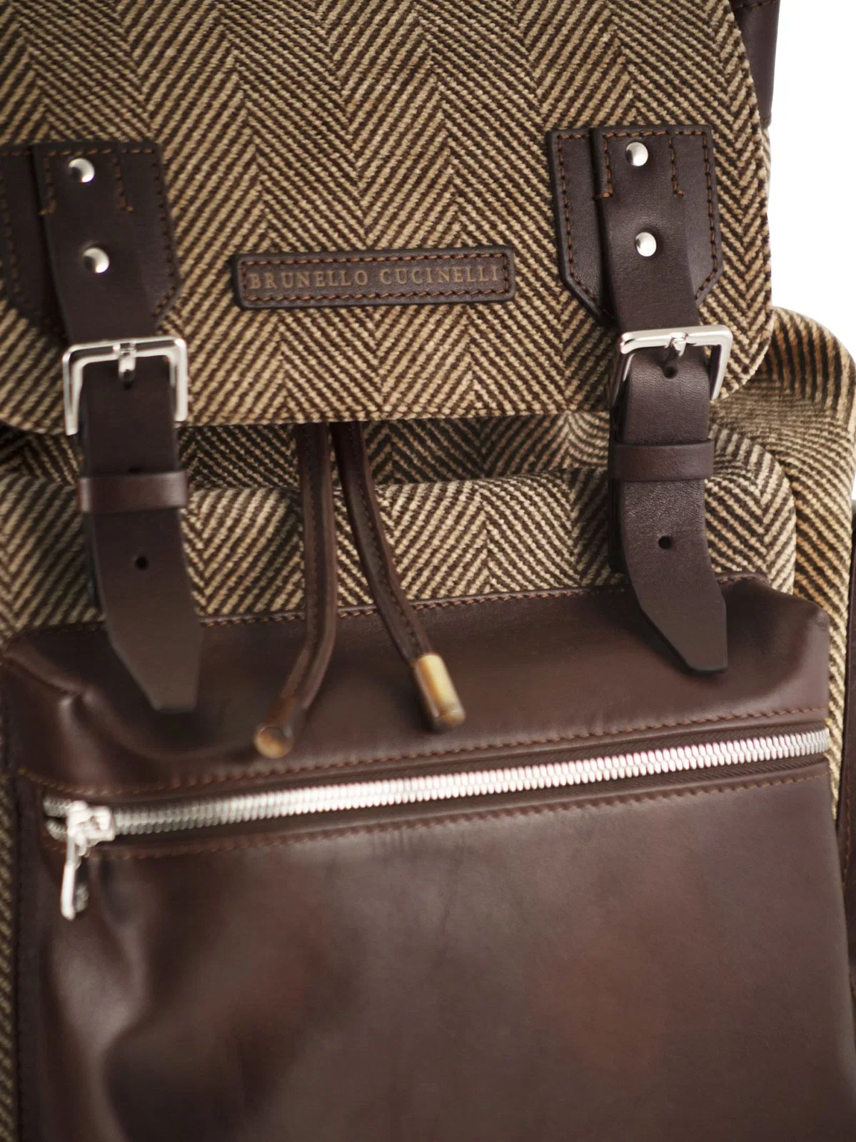Brunello Cucinelli Herringbone-Texture Backpack With Leathe