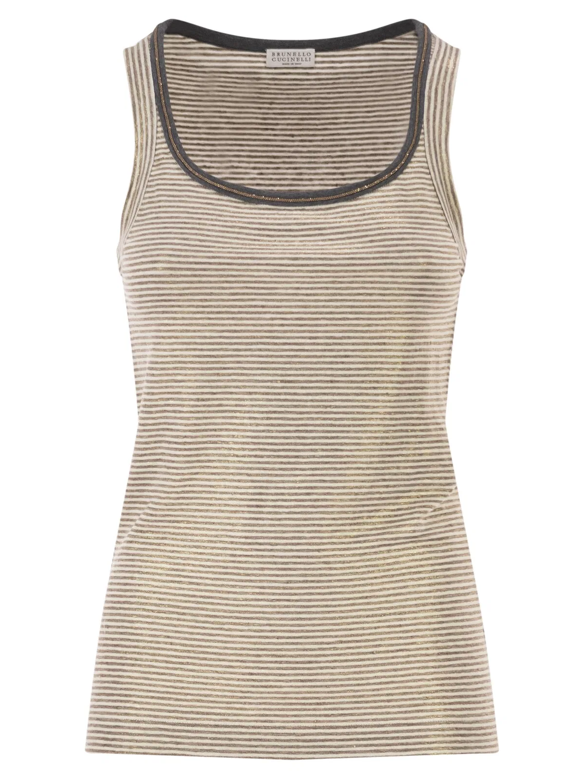 Brunello Cucinelli Linen Striped Crew Neck Top With Contras