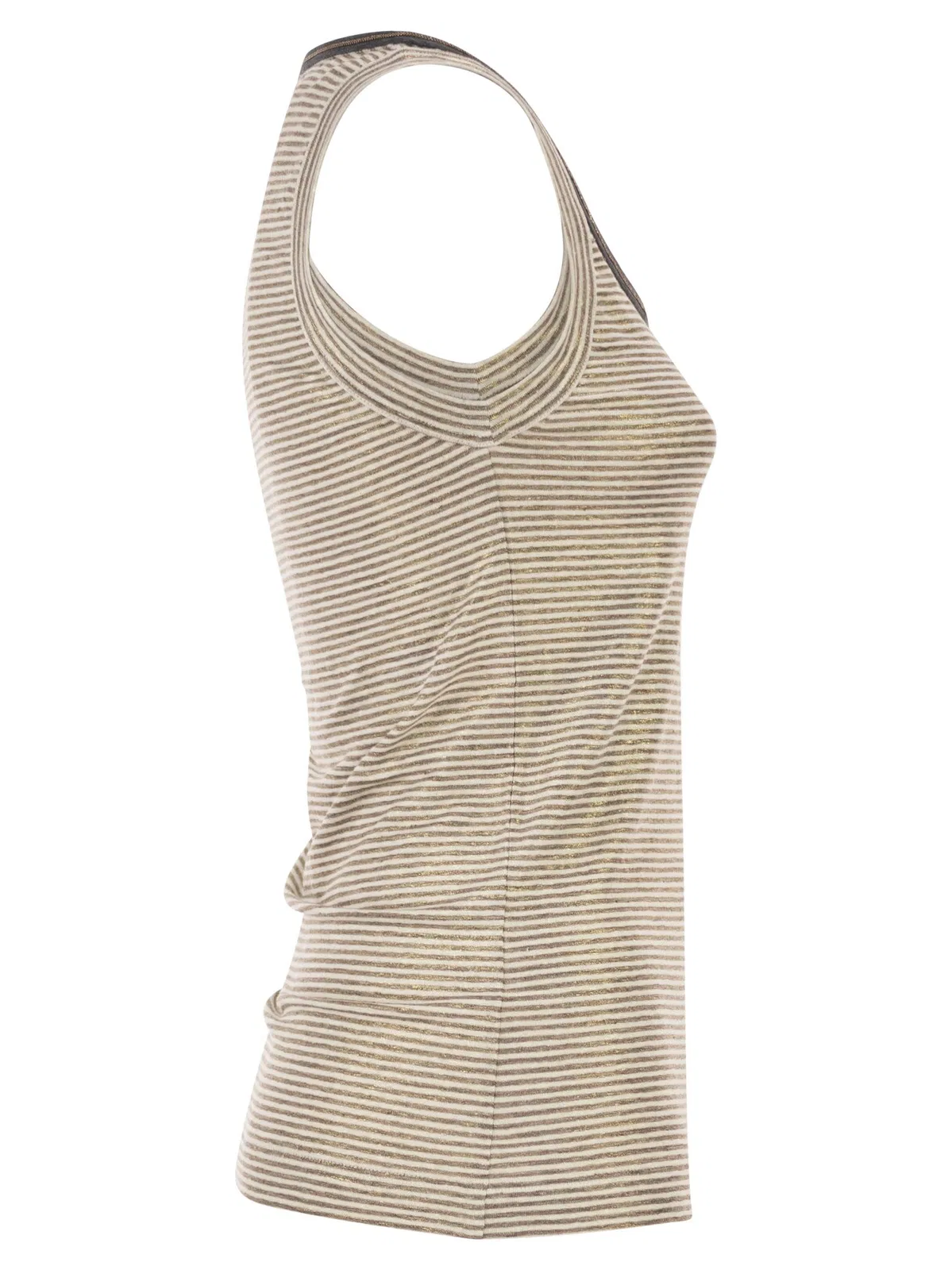 Brunello Cucinelli Linen Striped Crew Neck Top With Contras