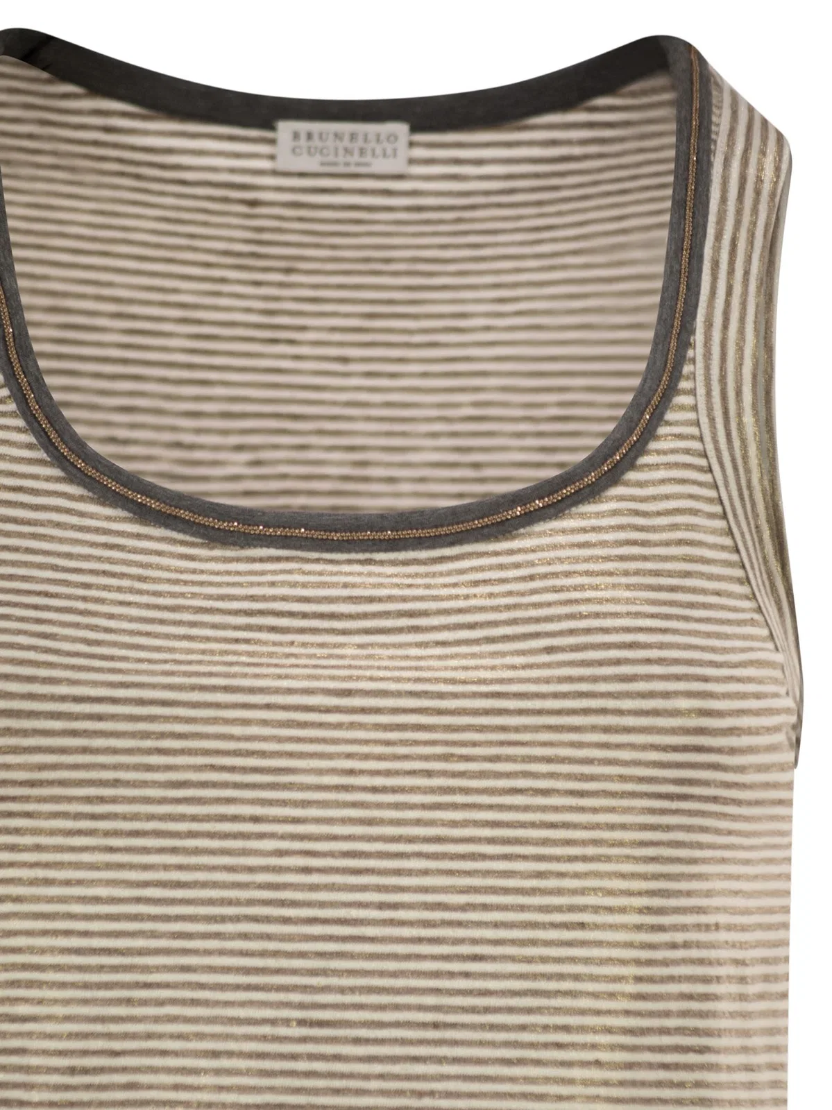 Brunello Cucinelli Linen Striped Crew Neck Top With Contras