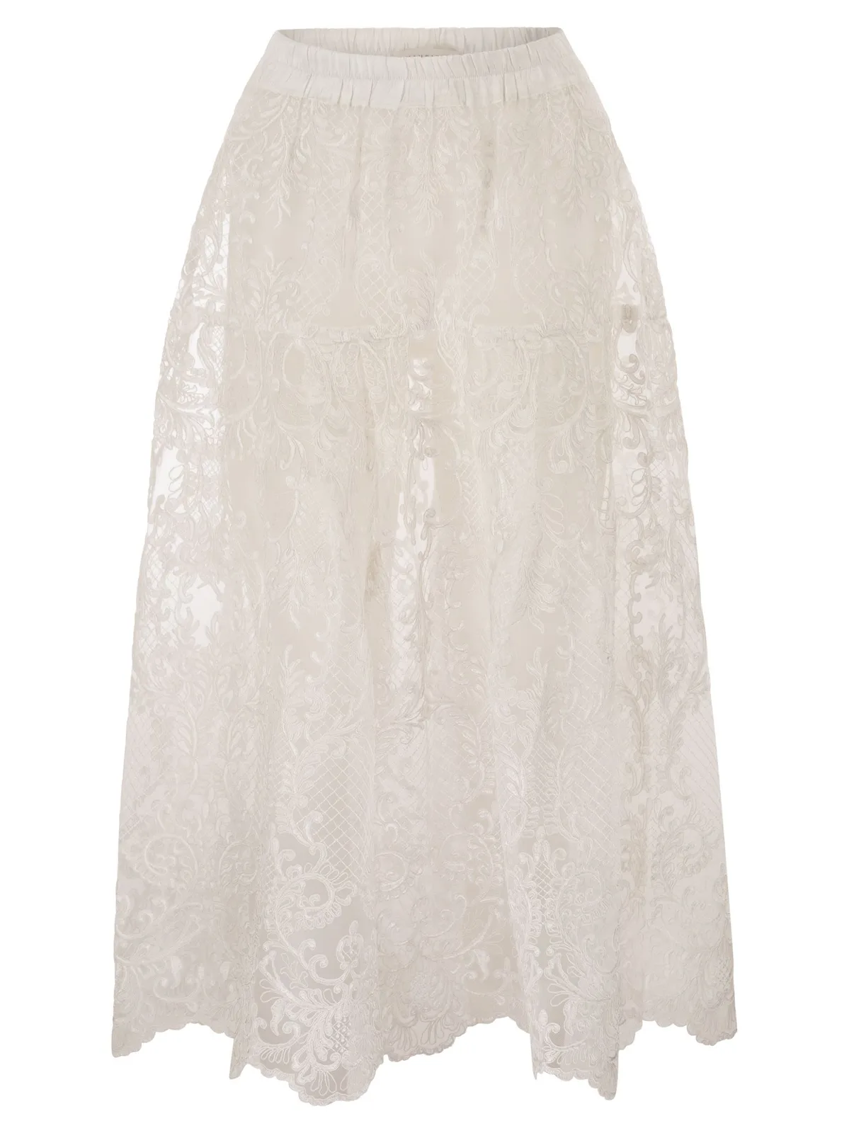 Maurizio Mykonos Embroidered Lace Midi Skirt With Elastic