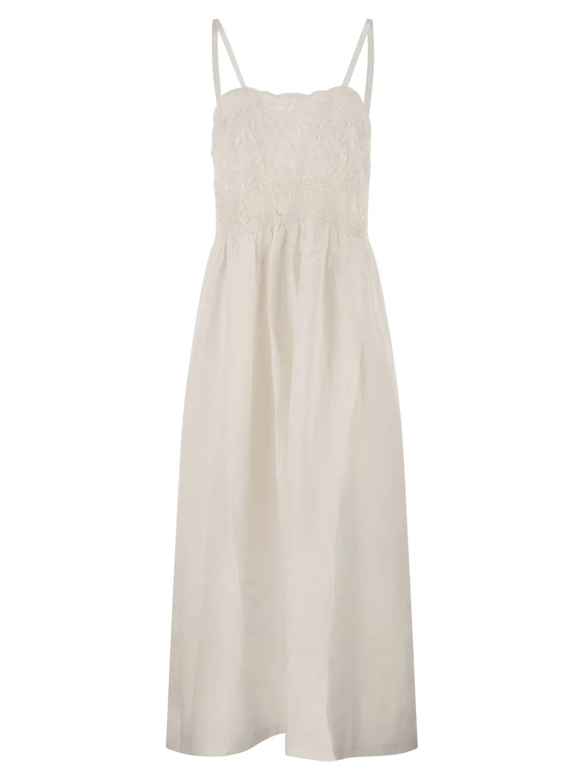 Maurizio Mykonos Long Linen Dress With Embroidered Bodice